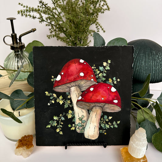 Two Mushrooms with Jagged Leaves Painting