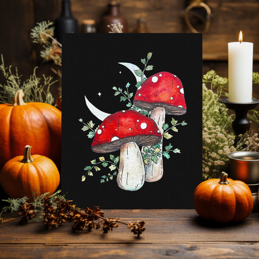 Two Mushrooms and Moon Print